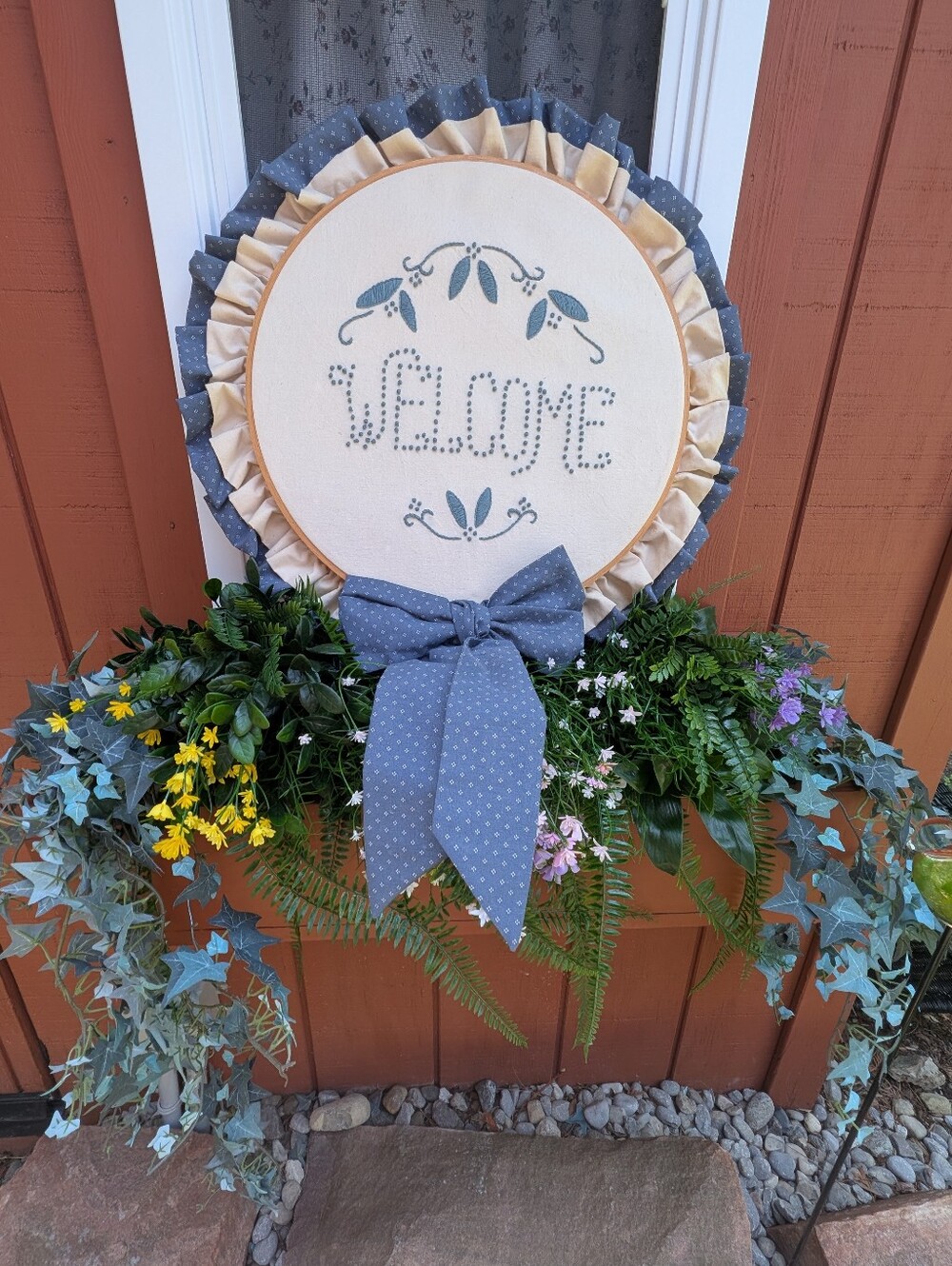 Vintage 80s Handmade Fabric Ribbon Hand Crafted Welcome Wreath Home Decor